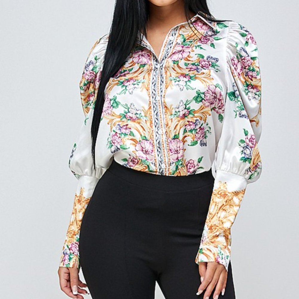 Women's Floral Balloon Sleeve Shirt Blouse - Picture 1 of 8